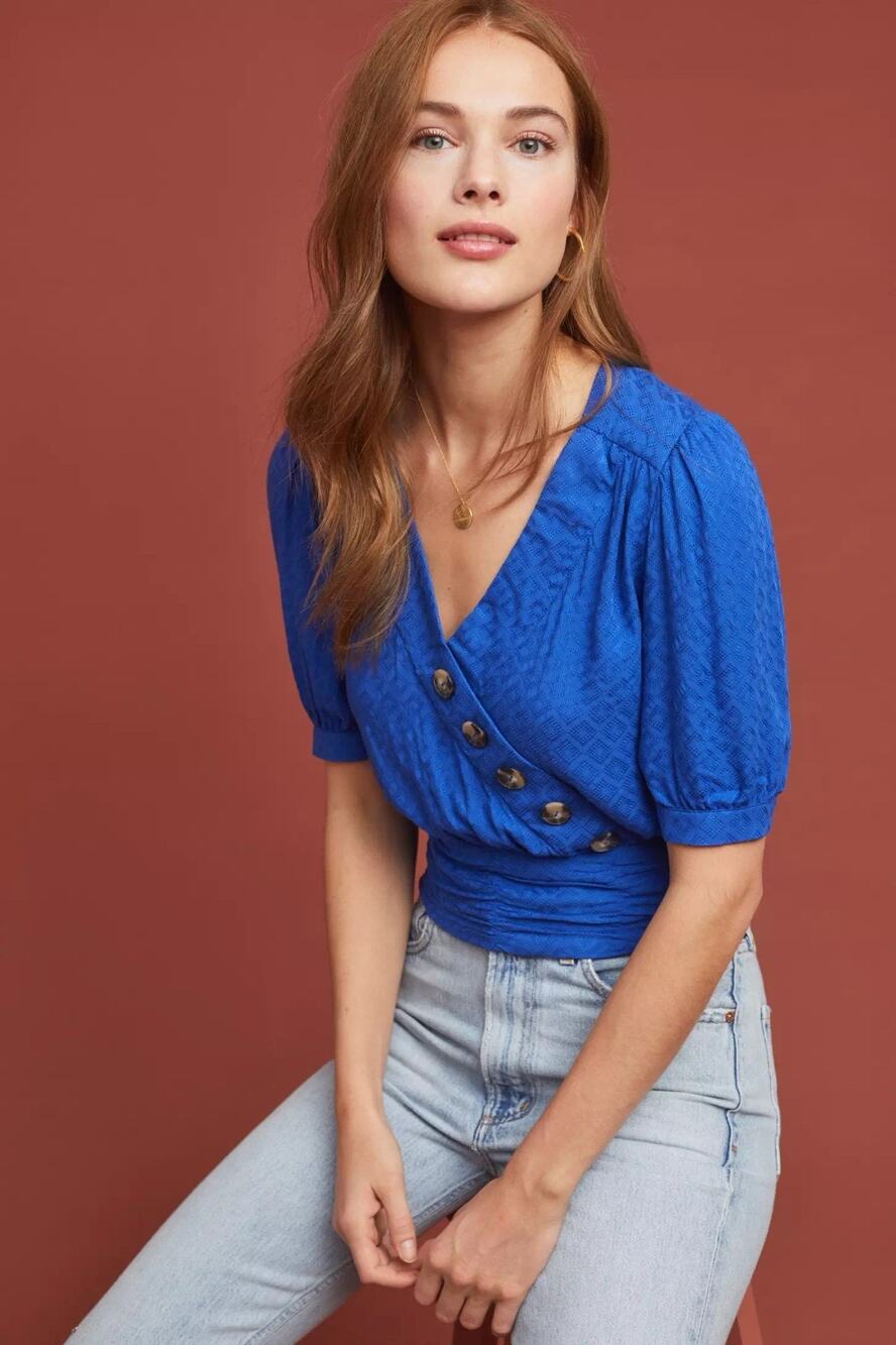 Anthropologie Maeve Madelyn Blue Wrap Top US 0